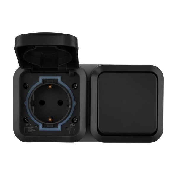 Aus-/Wechselschalter+Steckdose, waagerecht,Aufputz